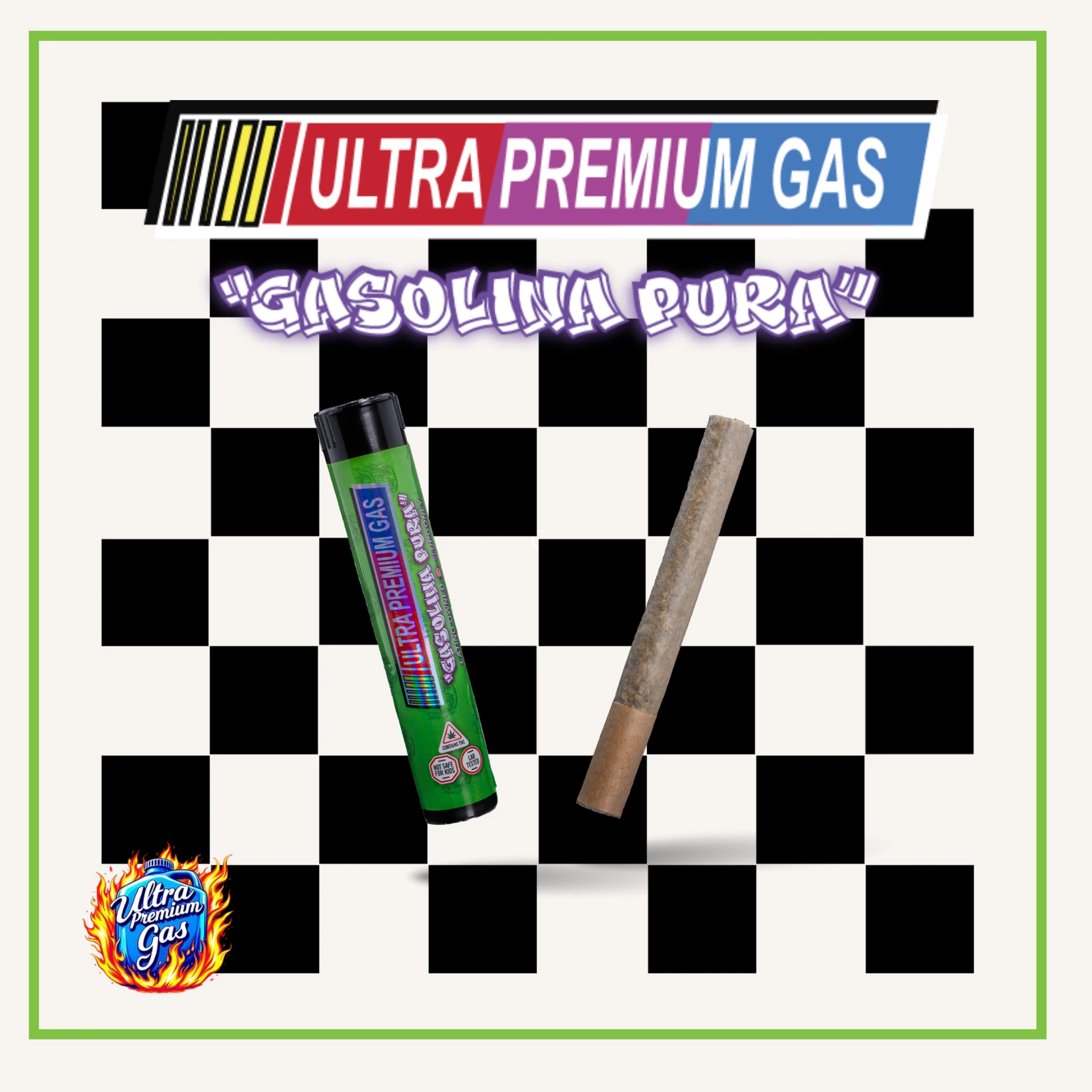 Gasolina Pura pre-roll tube and joint on racing checkers